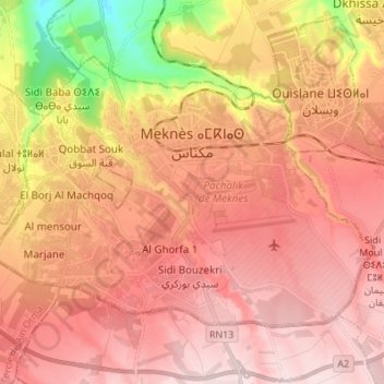 Mapa topográfico Mequinez, altitud, relieve