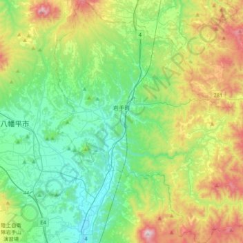 Mapa topográfico 岩手町, altitud, relieve