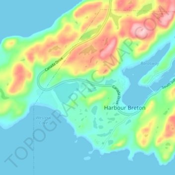 Mapa topográfico Harbour Breton, altitud, relieve