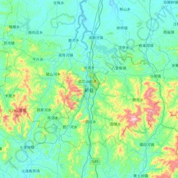 Mapa topográfico Xin County, altitud, relieve