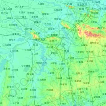 Mapa topográfico Huainan City, altitud, relieve