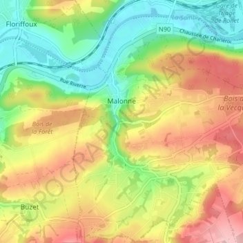 Mapa topográfico Malonne, altitud, relieve