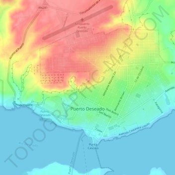 Mapa topográfico Puerto Deseado, altitud, relieve