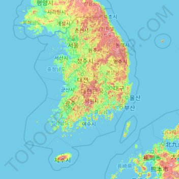 Mapa topográfico South Korea, altitud, relieve