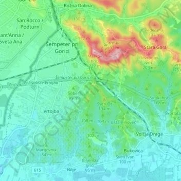 Mapa topográfico Šempeter-Vrtojba, altitud, relieve