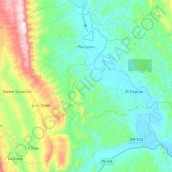 Mapa topográfico Piscoyacu, altitud, relieve