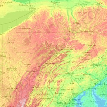 Mapa topográfico Pennsylvania, altitud, relieve