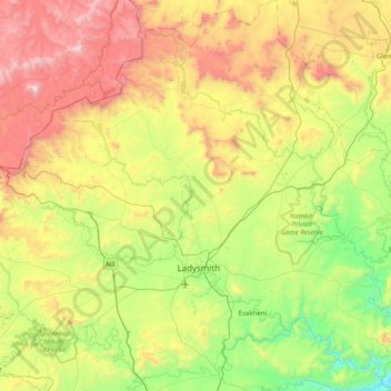 Mapa topográfico Emnambithi/Ladysmith Local Municipality, altitud, relieve