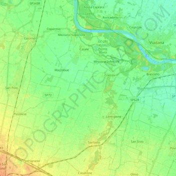 Mapa topográfico Sorbolo Mezzani, altitud, relieve