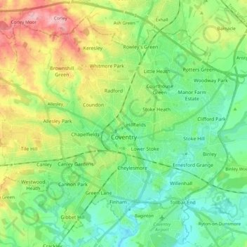 Mapa topográfico Coventry, altitud, relieve