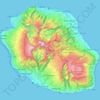 Mapa topográfico Réunion, altitud, relieve