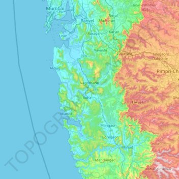 Mapa topográfico Raigad, altitud, relieve