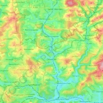 Mapa topográfico Ottweiler, altitud, relieve