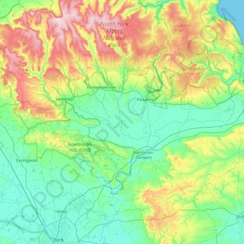 Mapa topográfico Ryedale, altitud, relieve