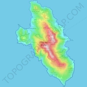 Mapa topográfico Isola del Giglio, altitud, relieve