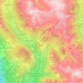 Mapa topográfico Brusson, altitud, relieve