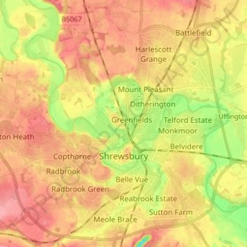 Mapa topográfico Shrewsbury, altitud, relieve