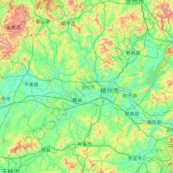 Mapa topográfico Wuzhou City, altitud, relieve