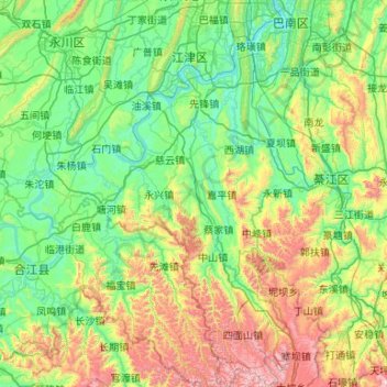 Mapa topográfico Jiangjin District, altitud, relieve