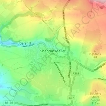 Mapa topográfico Shepton Mallet, altitud, relieve