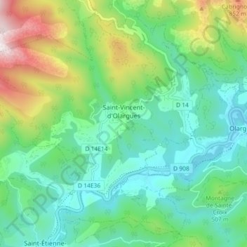 Mapa topográfico Saint-Vincent-d'Olargues, altitud, relieve