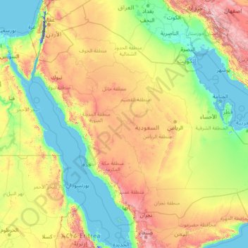 Mapa topográfico Saudi Arabia, altitud, relieve