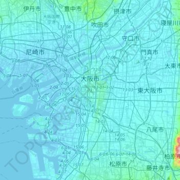 Mapa topográfico Osaka, altitud, relieve