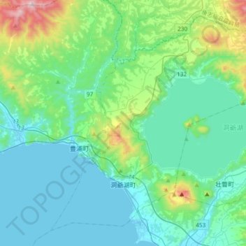 Mapa topográfico Toyako, altitud, relieve