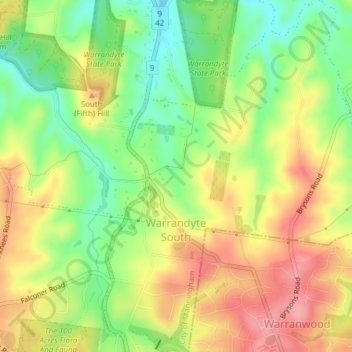 Mapa topográfico Warrandyte South, altitud, relieve