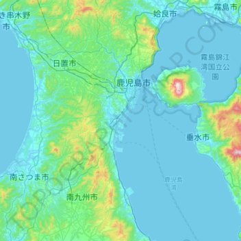 Mapa topográfico Kagoshima, altitud, relieve