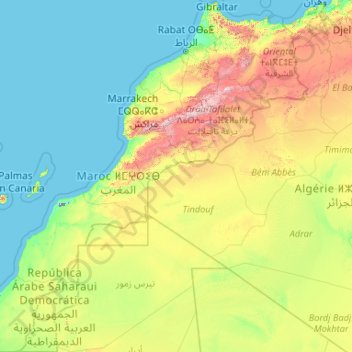 Mapa topográfico Maroc, altitud, relieve