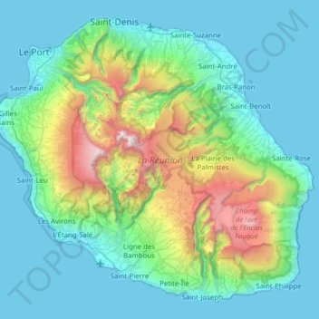 Mapa topográfico Réunion, altitud, relieve