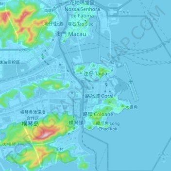 Mapa topográfico Macau, altitud, relieve