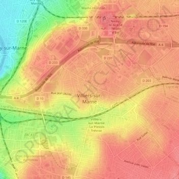 Mapa topográfico Villiers-sur-Marne, altitud, relieve