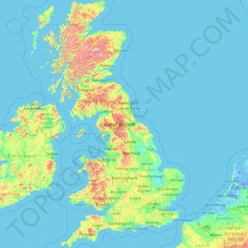 Mapa topográfico Groot-Brittannië, altitud, relieve