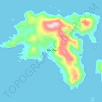 Mapa topográfico Isla Evans, altitud, relieve