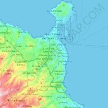 Mapa topográfico Las Palmas de Grande Canarie, altitud, relieve