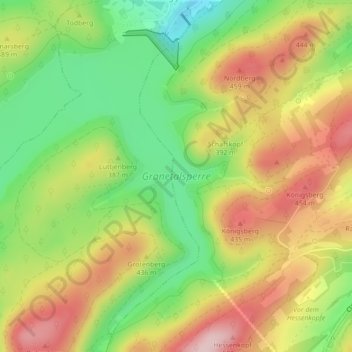 Mapa topográfico Granetalsperre, altitud, relieve