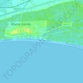 Mapa topográfico Praia de Monte Gordo, altitud, relieve