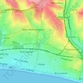 Mapa topográfico Hove, altitud, relieve