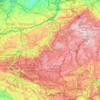 Mapa topográfico Ardennen, altitud, relieve