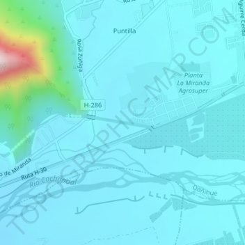 Mapa topográfico Canal de Relave División El Teniente CODELCO, altitud, relieve
