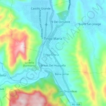 Mapa topográfico Tingo María, altitud, relieve