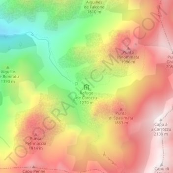 Mapa topográfico Refuge de Carozzu, altitud, relieve