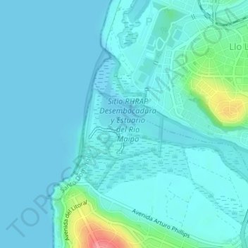Mapa topográfico Santuario de la Naturaleza Humedal Río Maipo, altitud, relieve